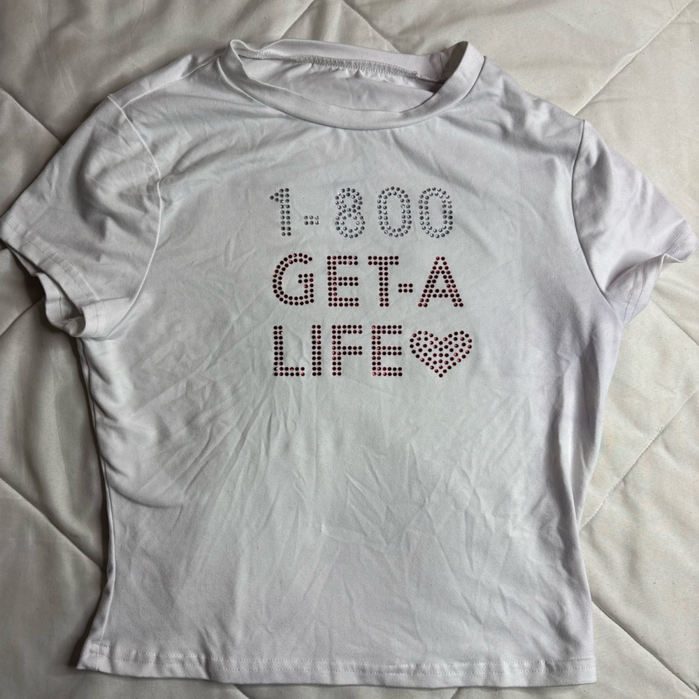 White Graphic T-Shirt with Rhinestone Design cropped